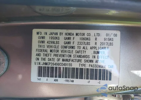 2008 Honda Accord 2.4 Lx-P z USA, uszkodzony, nr VIN JHMCP26498C049155